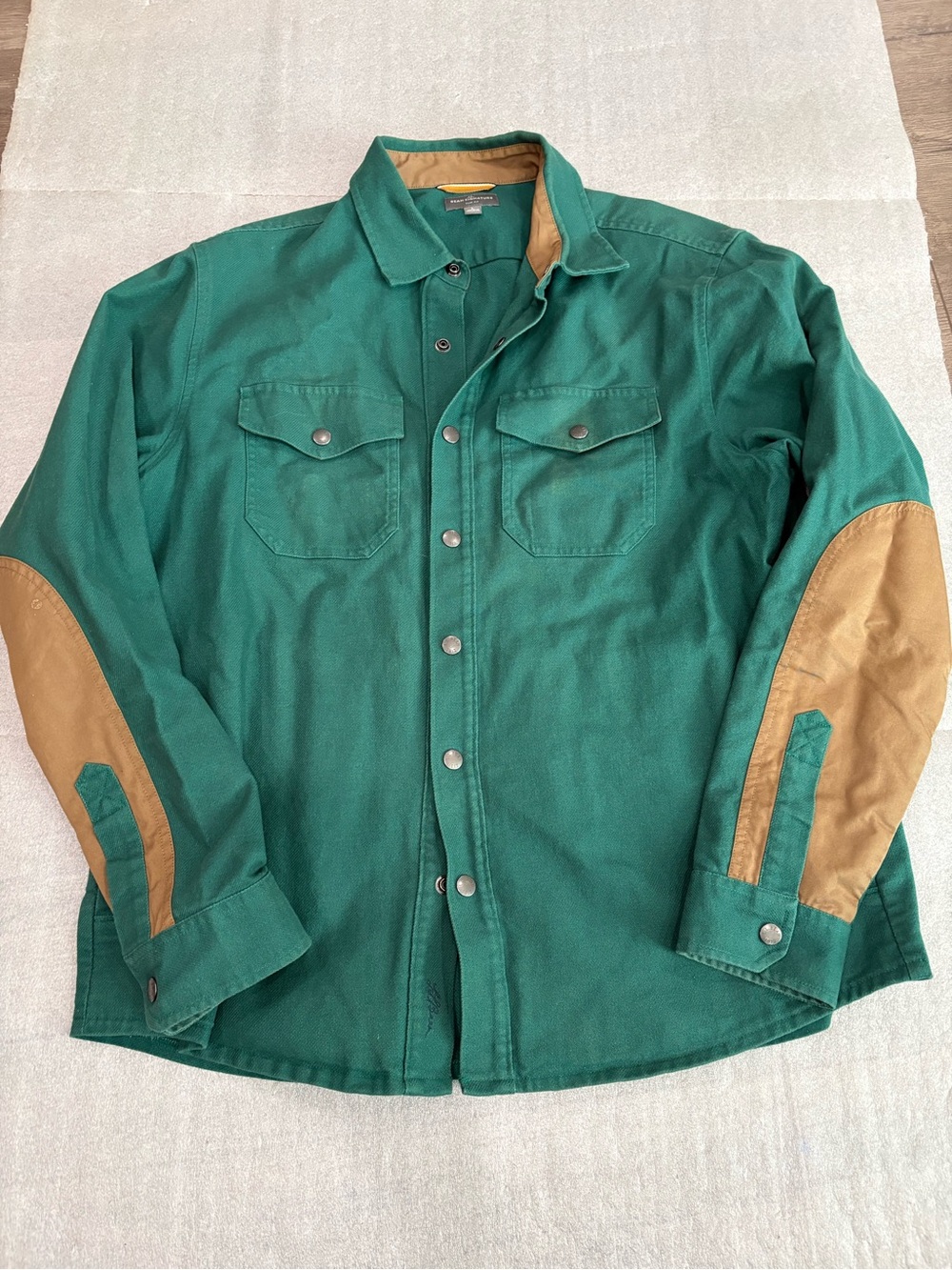 LL Bean Signature Men's Green Chamois Contrast-Elbow Button-Up Shirt Jacket